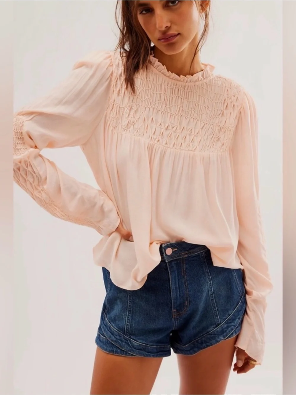 FREE PEOPLE Peach Festival Boho Cottagecore Twee Classic Smocked In Time Top S